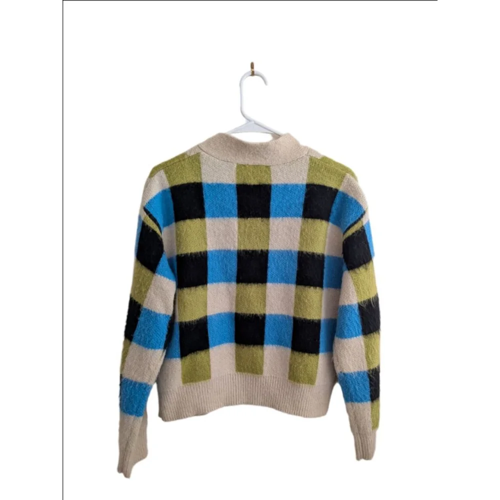 Women's FRNCH S Beige Blue Plaid Cardigan, Size S - Picture 3 of 7